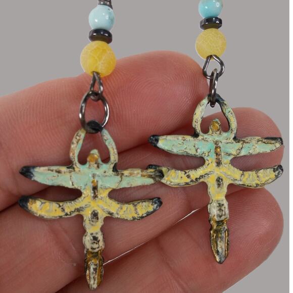NEW Artisan Pewter Dragonfly Earrings Yellow Green Distressed Dangle Lead Free - Picture 5 of 11